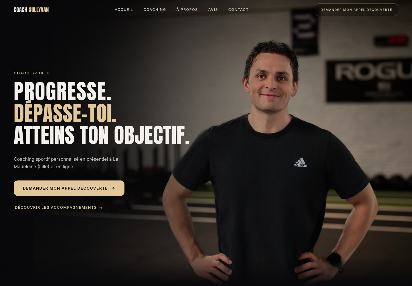 Capture réelle du site Sullyvan avec sa photographie et son titre Progres­se. Dépasse-toi.